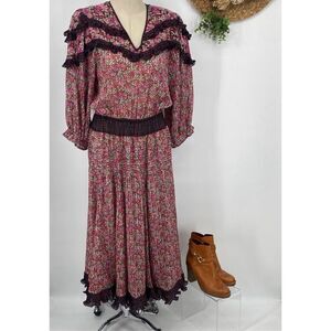Vintage Diane Freis Georgette Maxi Dress Puff Sleeve Ditsy Floral Cottage Core M